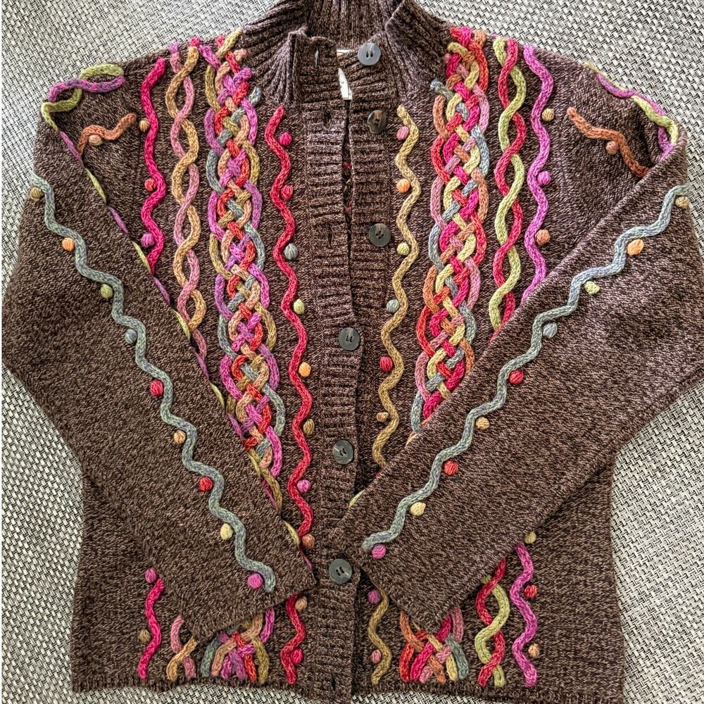 TALBOTS *VTG* Wool Cotton Knot Braid Detail Cardigan Sweater Brown Multicolor PM
